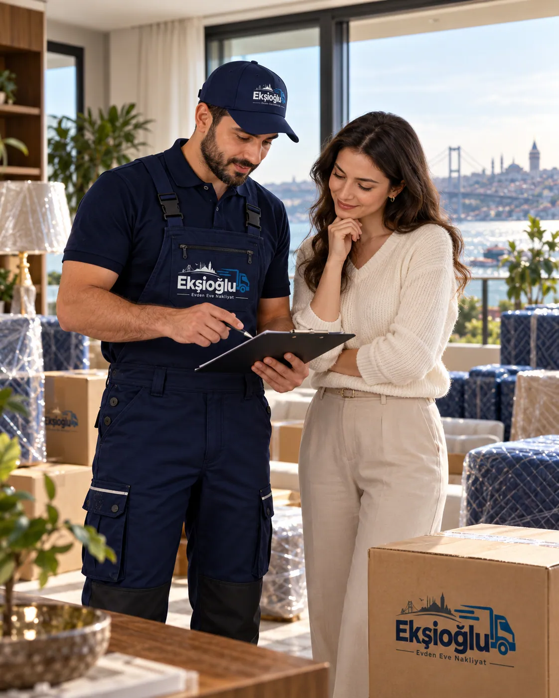 Nakliyat çalışanı müşteriyle taşınma planını tablette gözden geçiriyor