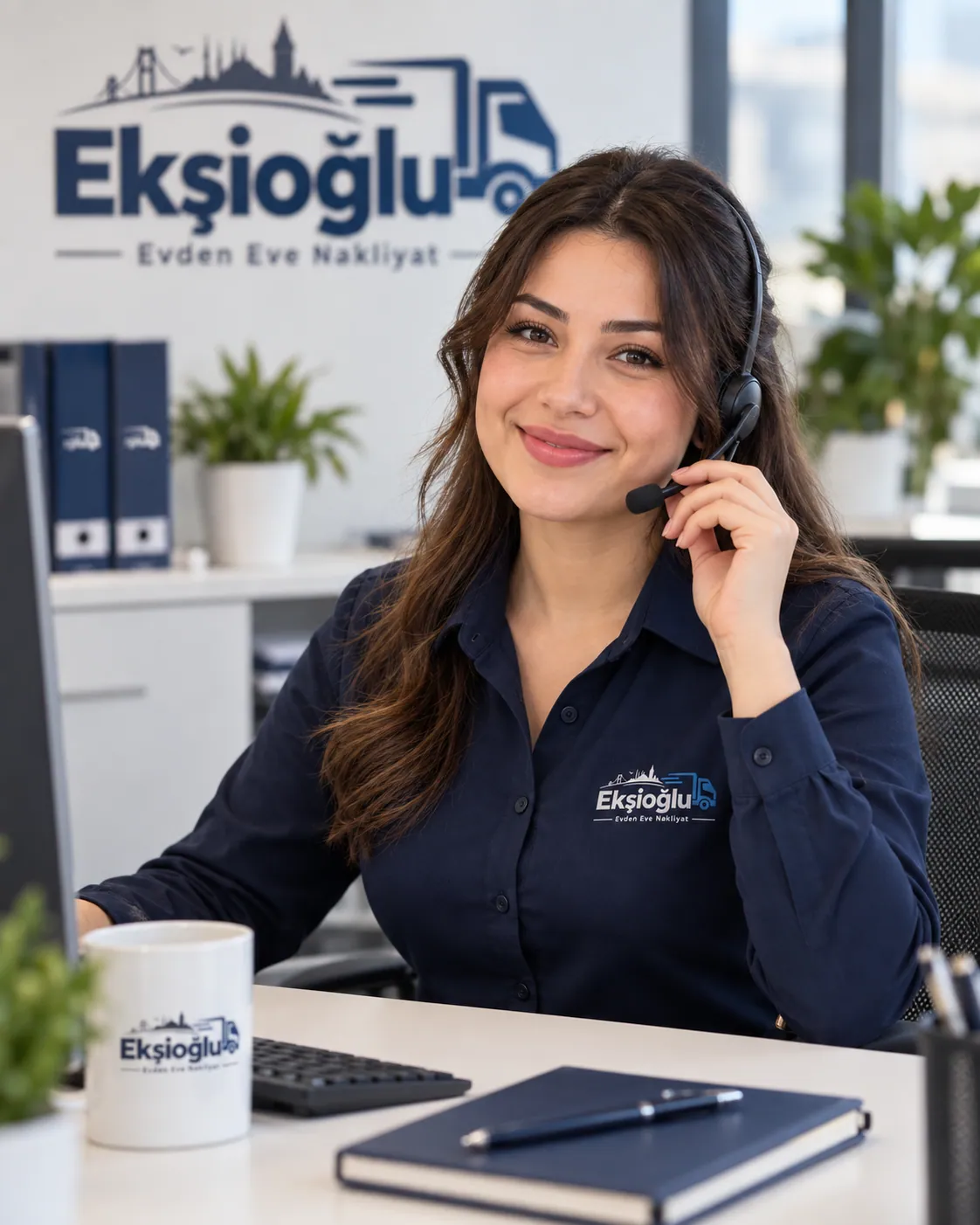 Ekşioğlu Nakliyat müşteri temsilcisi kulaklıkla telefonda müşteriye yardımcı oluyor