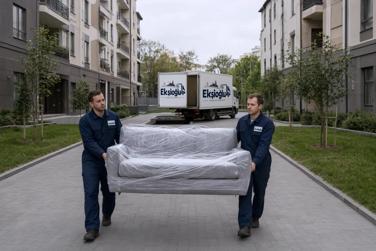 İki taşıyıcı streçli kanepeyi sitedeki bloklar arası yürüyüş yolundan uzakta bekleyen kamyona taşıyor