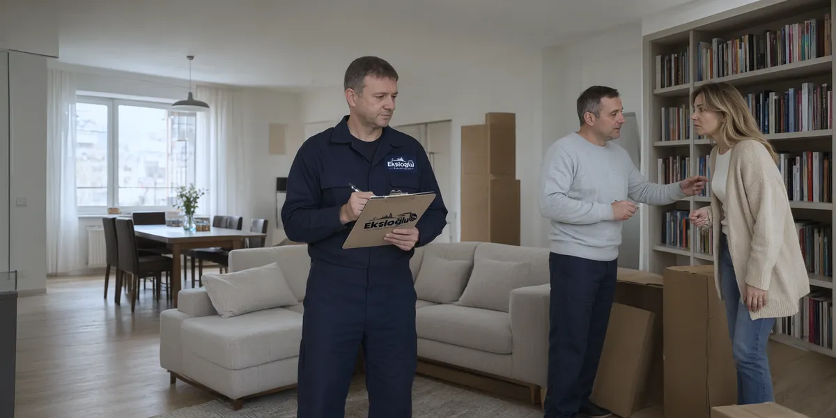 Ekspertizde sorumlu salondaki eşyayı deftere yazıyor, ev sahipleri kitaplığın önünde ona bilgi veriyor