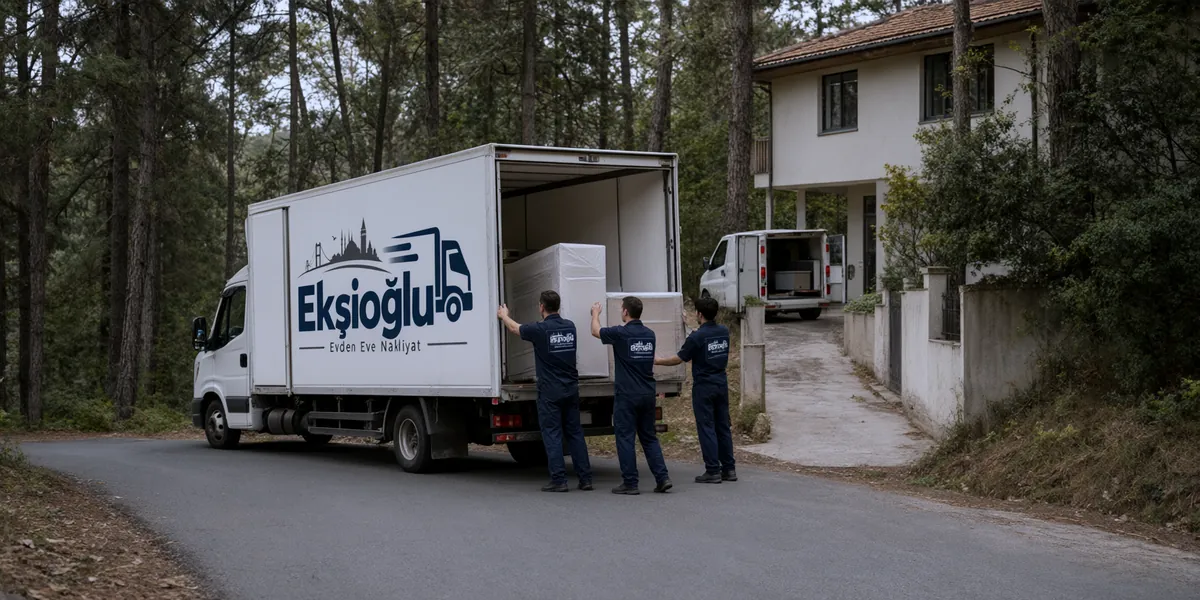 Orman içindeki dar yolda ekip, rampalı villa girişindeki küçük araçtan gelen eşyayı büyük kamyona yüklüyor
