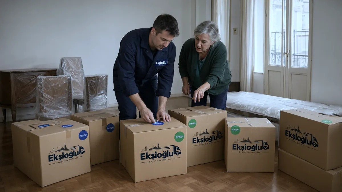 Taşıyıcı kolilere renkli etiket yapıştırıp depoya ve geçici eve gidecekleri ayırıyor, ev sahibi yön veriyor