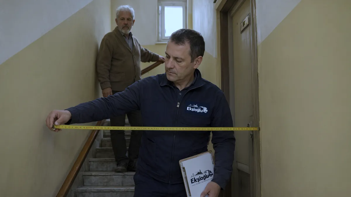 Ekspertizde sorumlu asansörsüz apartmanın dar merdiven dönemecini şeritmetreyle ölçüyor, ev sahibi izliyor