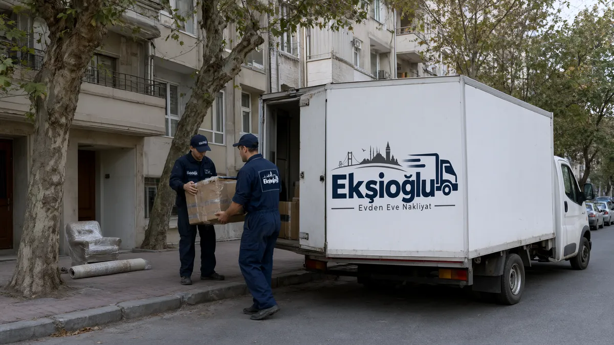 Kadıköy evden eve nakliyatta ekip, çınarlı sokaktaki apartmanın önünde kolileri kamyona yüklüyor