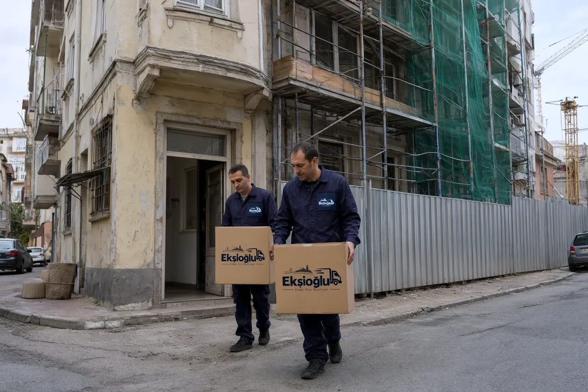Kentsel dönüşüm sokağında iki taşıyıcı, yanı iskeleyle sarılı eski apartmandan kolileri çıkarıyor