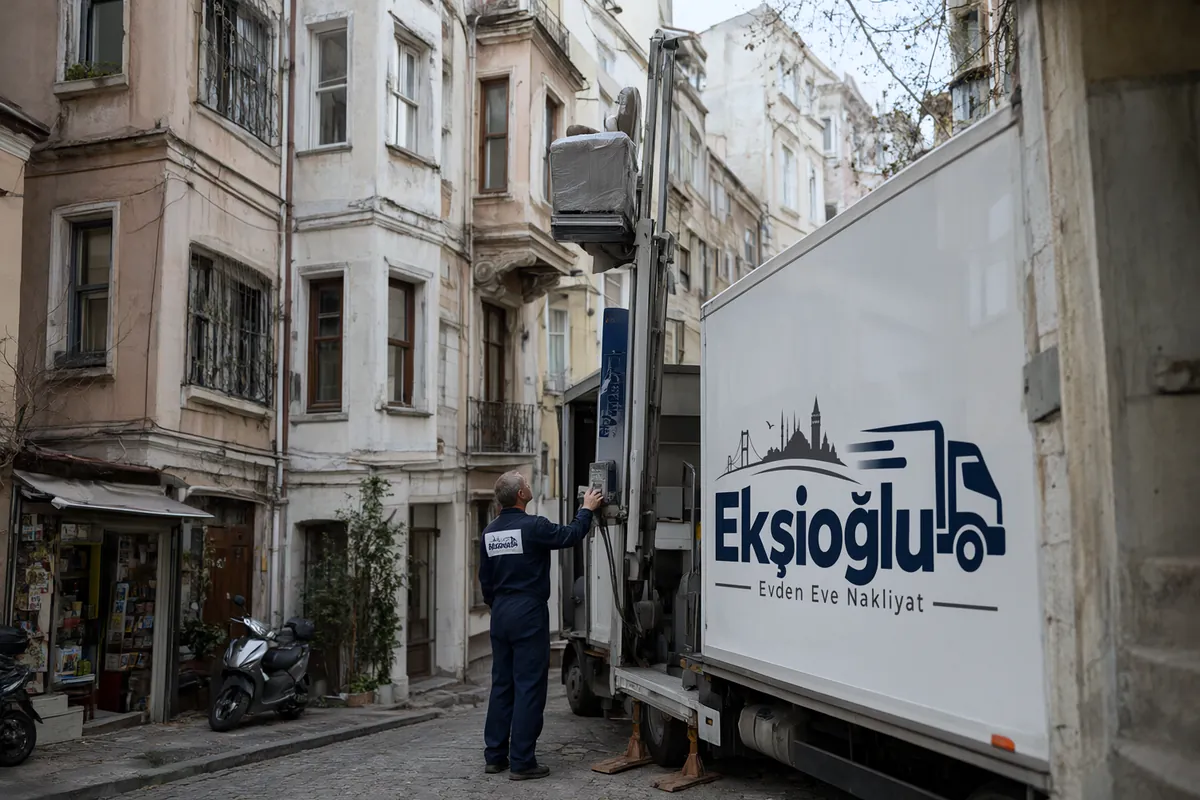 Dar yokuşlu sokakta eski apartmanın dördüncü katından dış cephe asansörüyle sarılı koltuk indiriliyor