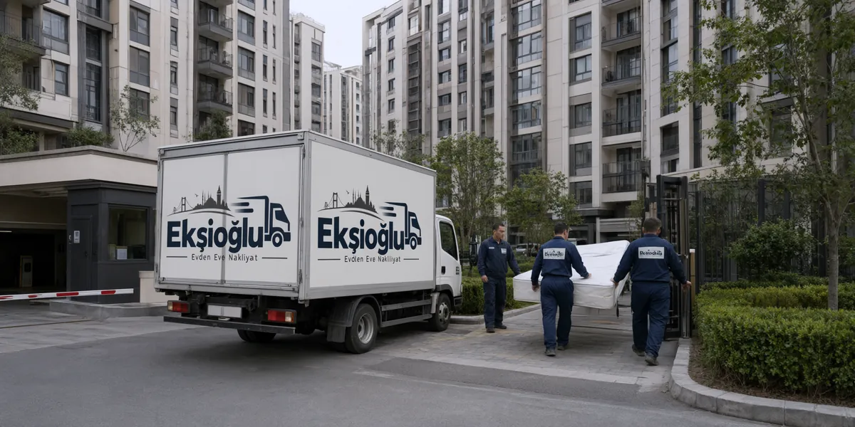 Sitenin alçak otopark girişine giremeyen kamyondan ekip yatağı bahçe yolundan bina girişine taşıyor