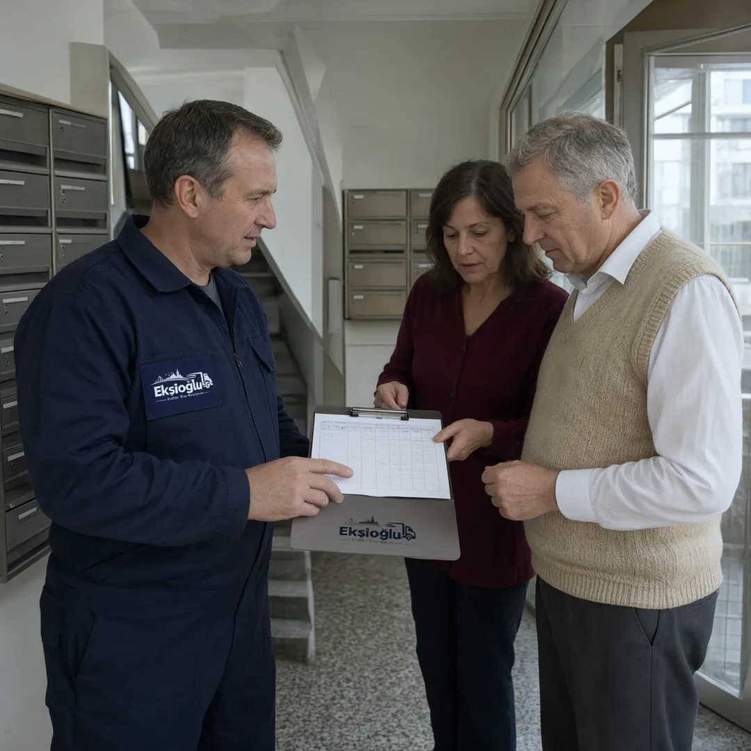 Sorumlu apartman girişinde iki komşuya panodaki haftalık planı gösteriyor, taşınma günleri birlikte ayarlanıyor