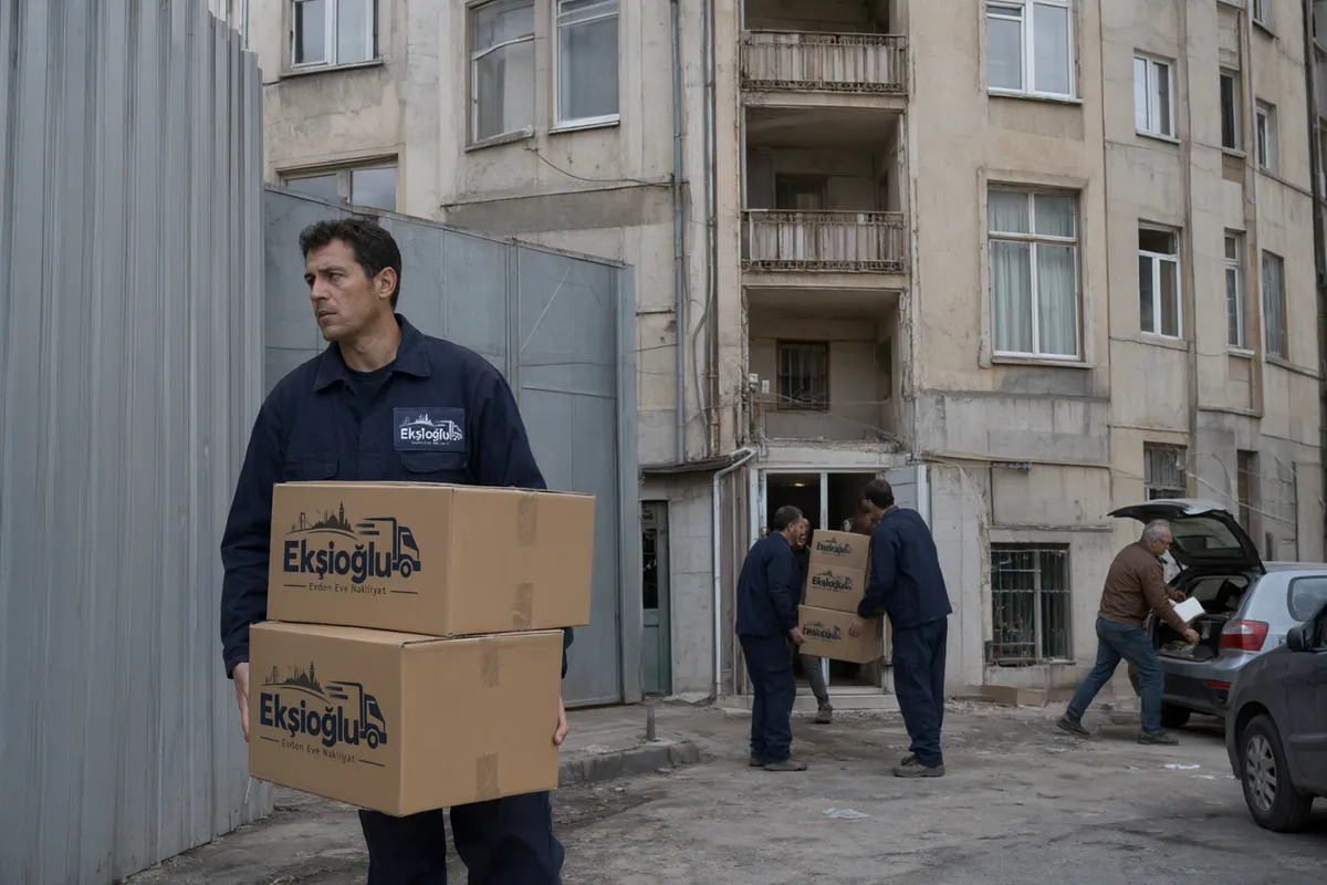 Yıkılacak eski apartmandan taşıyıcı kolileri çıkarıyor, yan bina inşaat paneliyle çevrilmiş, komşu da taşınıyor