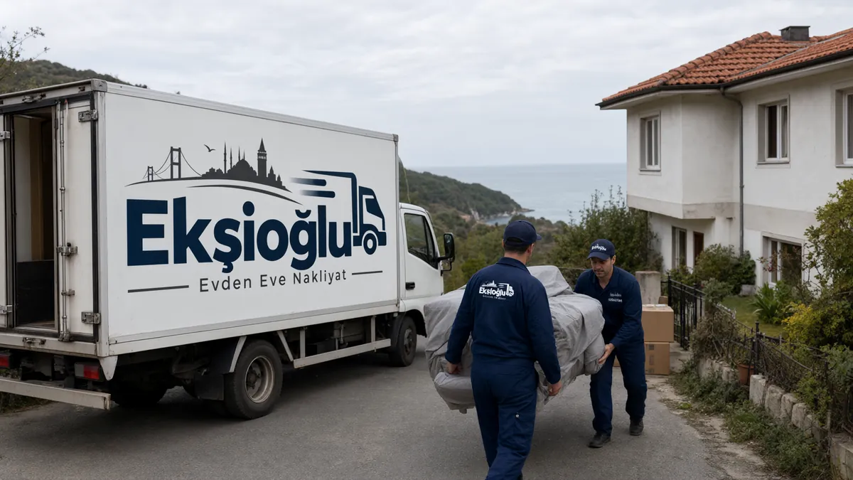 Şile evden eve nakliyatta iki taşıyıcı müstakil evden sarılı koltuğu sahil yolundaki kamyona taşıyor