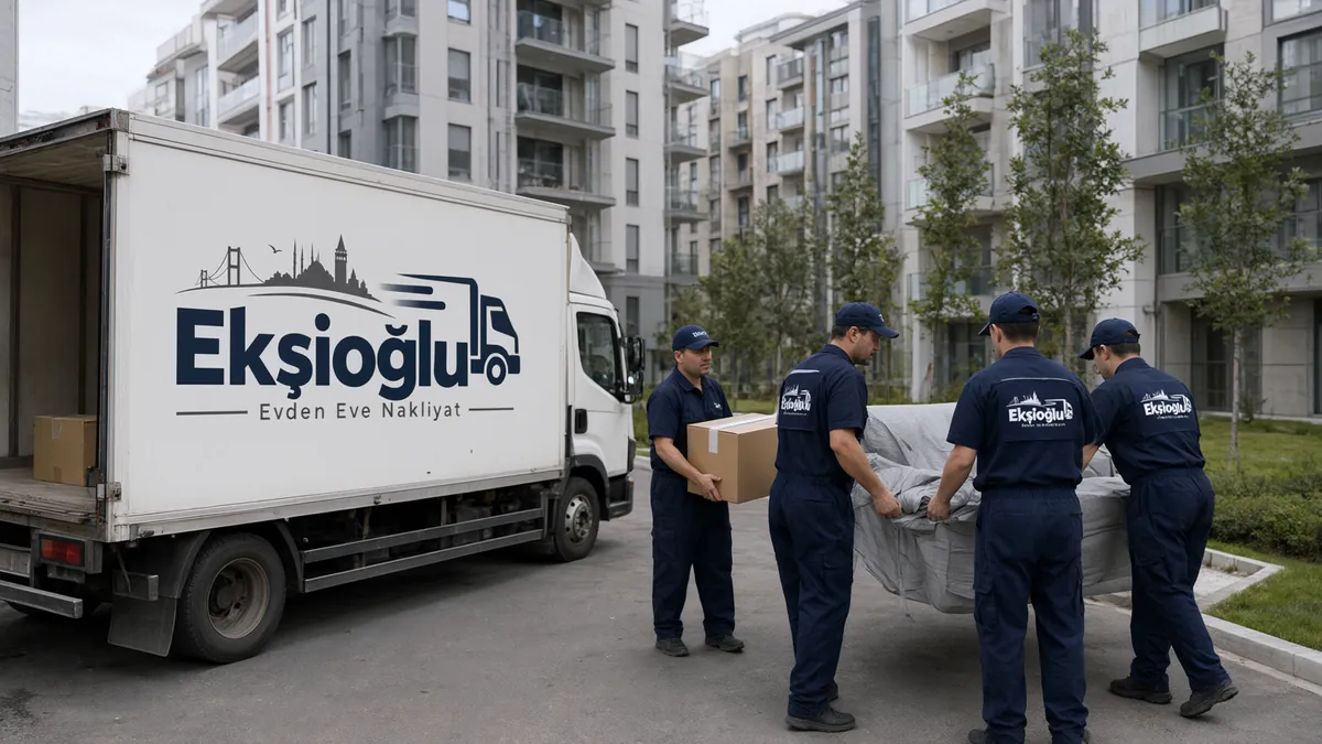 Ümraniye evden eve nakliyatta ekip, yeni sitenin bloklarının önünde kamyonun yanından koli ve sarılı koltuk taşıyor