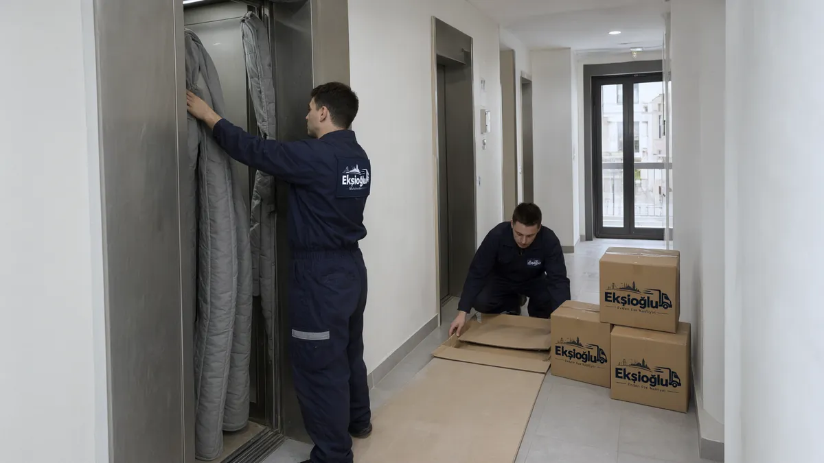 Yeni binada taşıyıcılar asansör kabinine koruma pedi asıyor, koridor zeminine karton seriyor