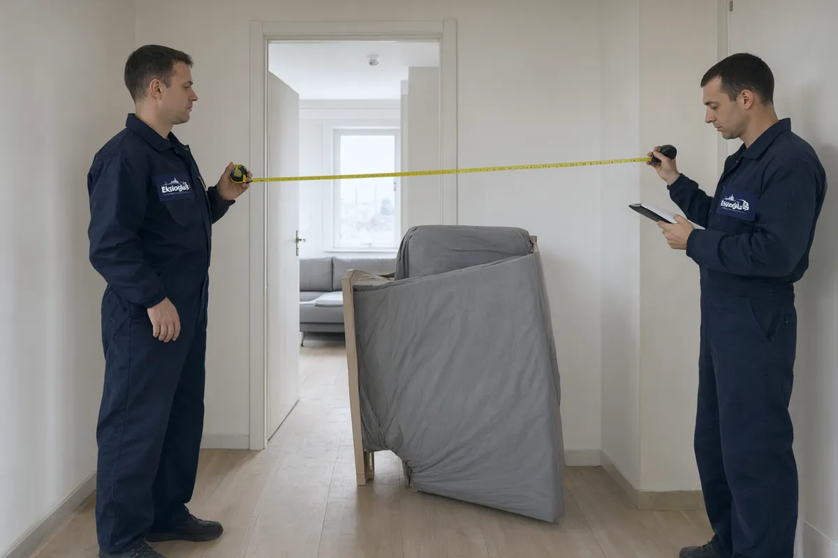 Taşıyıcılar yeni dairenin girişinde metreyle ölçü alıyor, battaniyeye sarılı koltuk salon kapısının önünde bekliyor