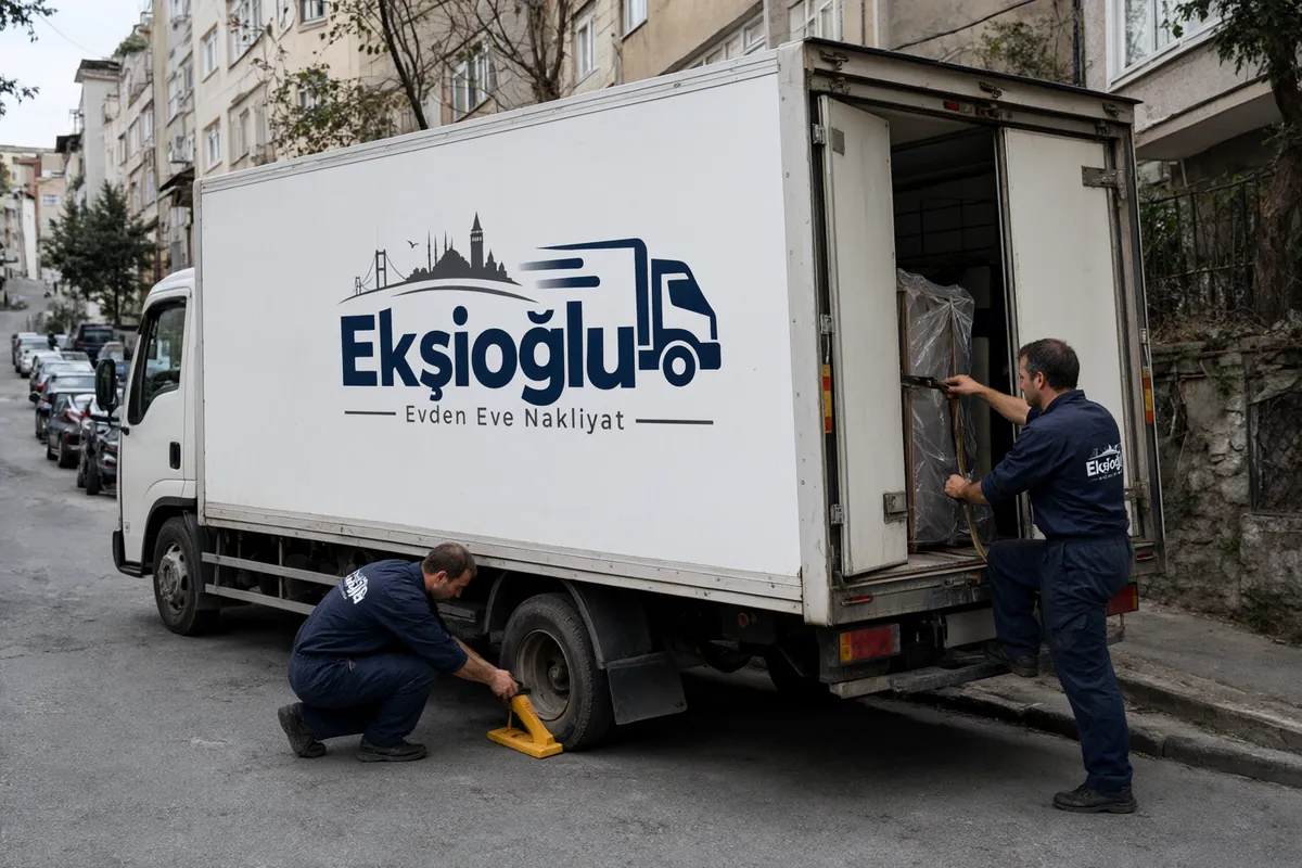 Dik yokuşta park eden kamyonun tekerleğine takoz konuyor, kasadaki yük kayışla sabitleniyor