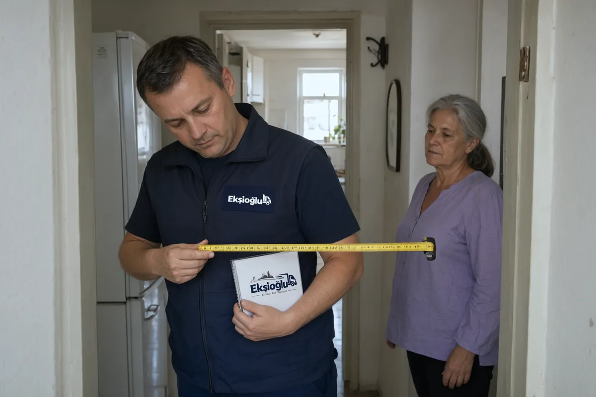 Ekspertizde sorumlu eski apartmanın kapı genişliğini ölçüp buzdolabının geçip geçmeyeceğine bakıyor