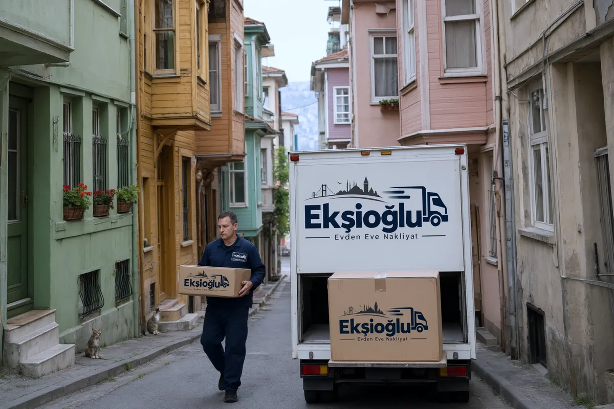 Ahşap evli dar sokakta taşıyıcı koliyi sokağa ancak sığan küçük kamyona taşıyor