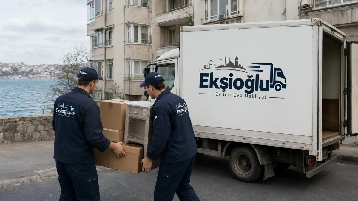Üsküdar evden eve nakliyatta ekip, Boğaz kıyısındaki yolda apartmandan kolileri kamyona taşıyor