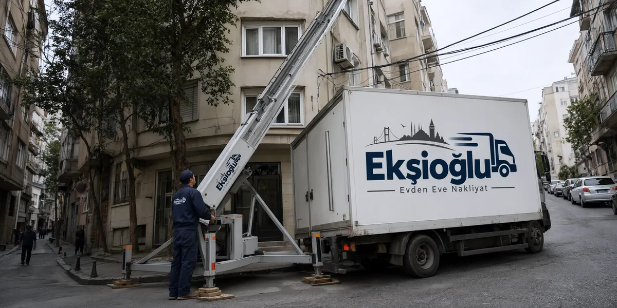 Apartman önüne kurulan dış cephe asansörü ağacın ve kabloların arasından üst kata uzanıyor, yanında kamyon bekliyor