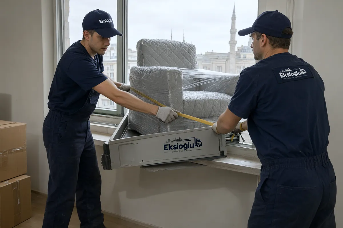 Üst kattaki iki taşıyıcı battaniyeye sarılı koltuğu pencereden asansör platformuna aktarıp kayışla bağlıyor
