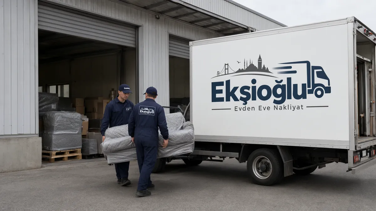 Eşya depolamada iki taşıyıcı sarılı kanepeyi kamyondan depolama tesisinin açık kapısına taşıyor