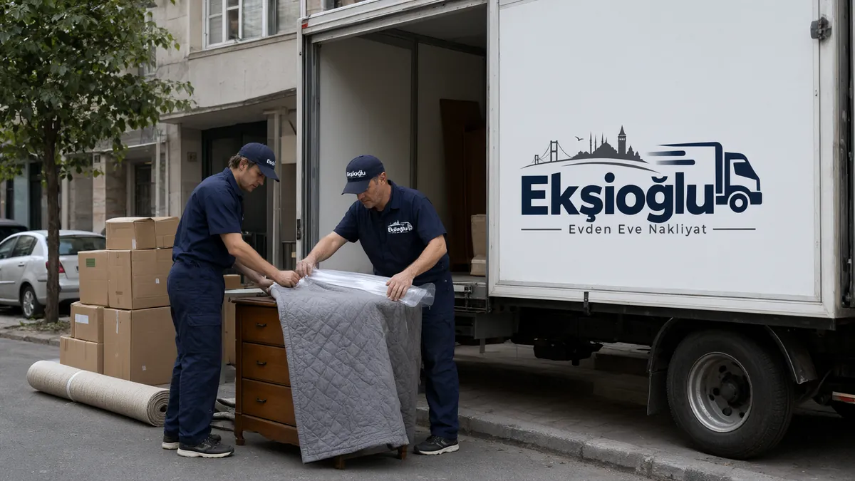 Eşya paketlemede iki taşıyıcı şifonyeri kamyonun yanında battaniye ve streç filmle sarıyor