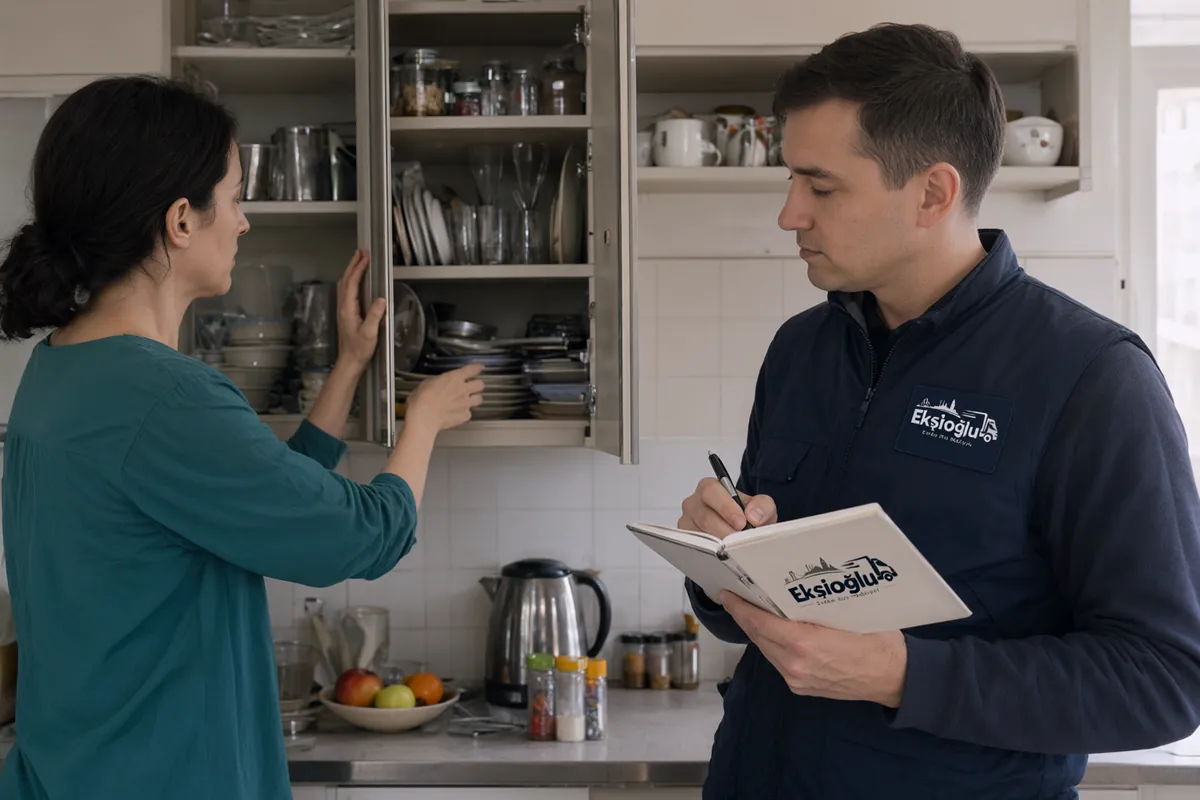 Ekspertizde sorumlu dolu mutfak dolabına bakıp paketlenecek eşyayı deftere yazıyor, ev sahibi kapağı açıyor