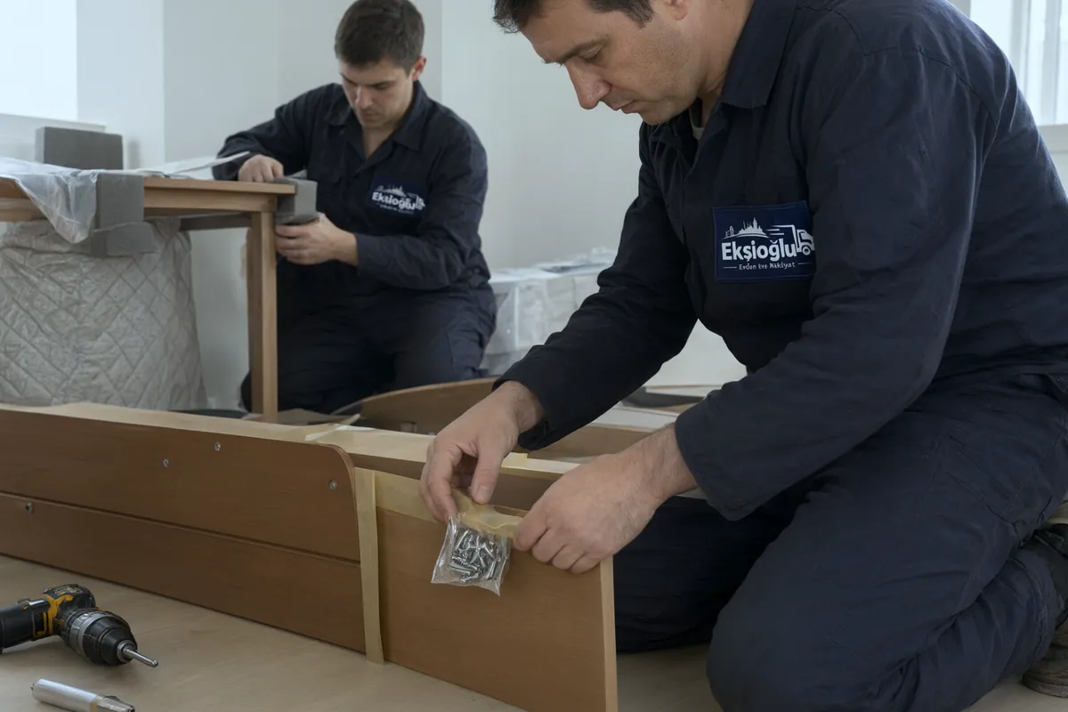 Sökülen bazanın vida poşeti parçaya bantlanıyor, arkada masanın köşelerine koruyucu takılıyor