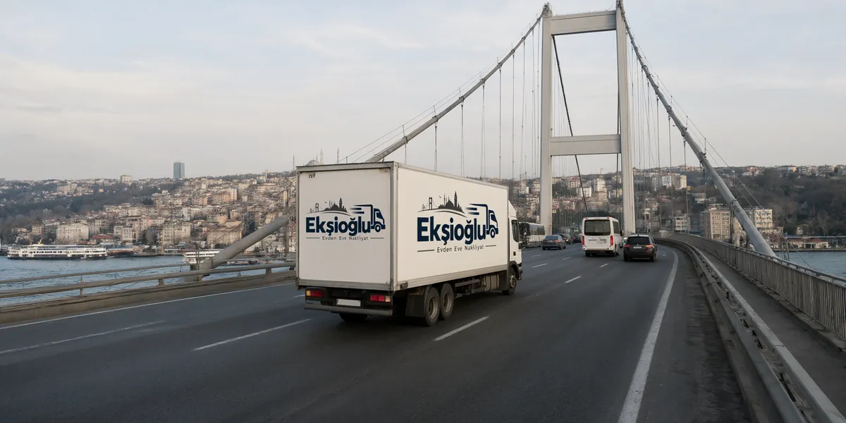 İki yaka arası ev taşımada eşya yüklü kamyon Boğaz köprüsünden karşı yakaya geçiyor