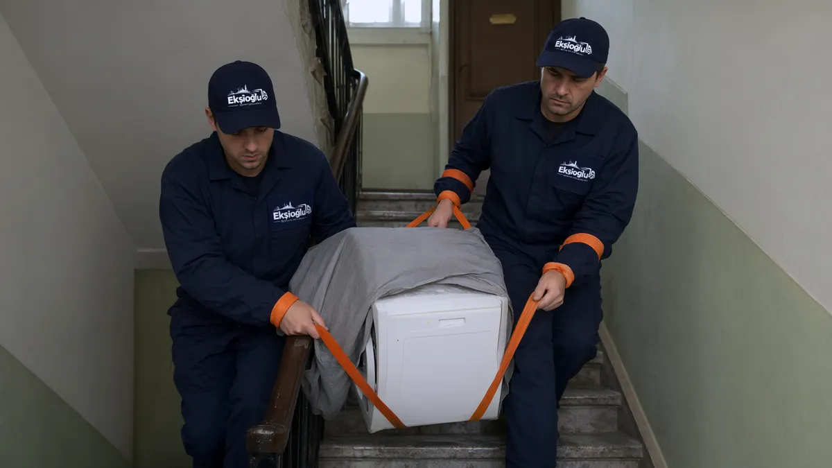 Asansörsüz eski apartmanda iki taşıyıcı çamaşır makinesini kayışlarla dar merdivenden indiriyor