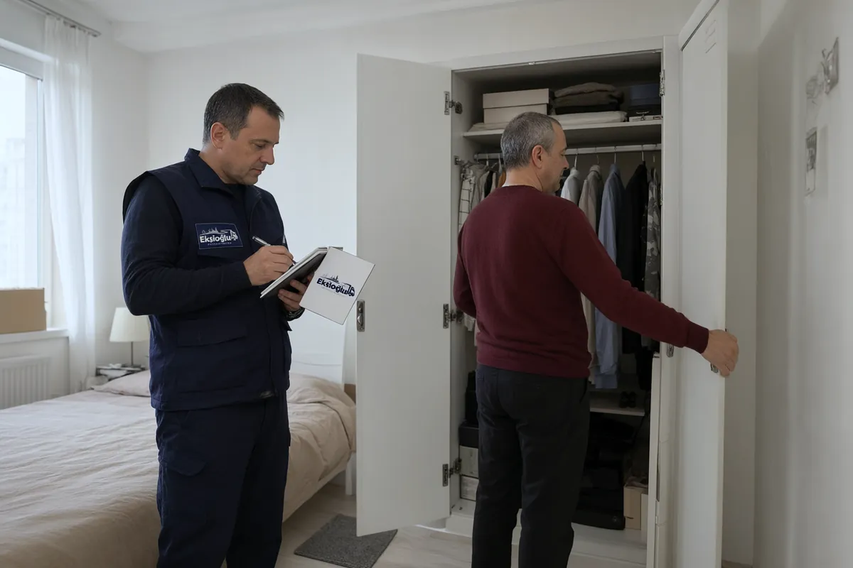 Ücretsiz ekspertizde sorumlu, ev sahibinin açtığı gardırobun içine bakıp eşyaları deftere yazıyor