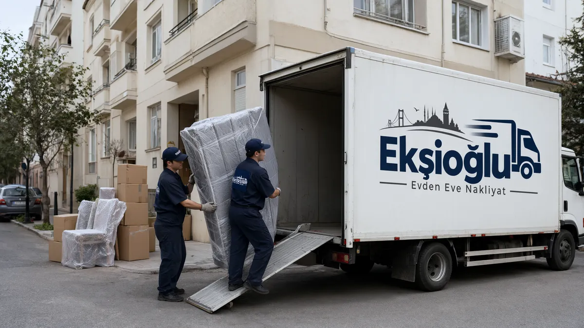 Evden eve nakliyat günü ekip battaniyeye sarılı gardırobu apartman önündeki kamyona yüklüyor
