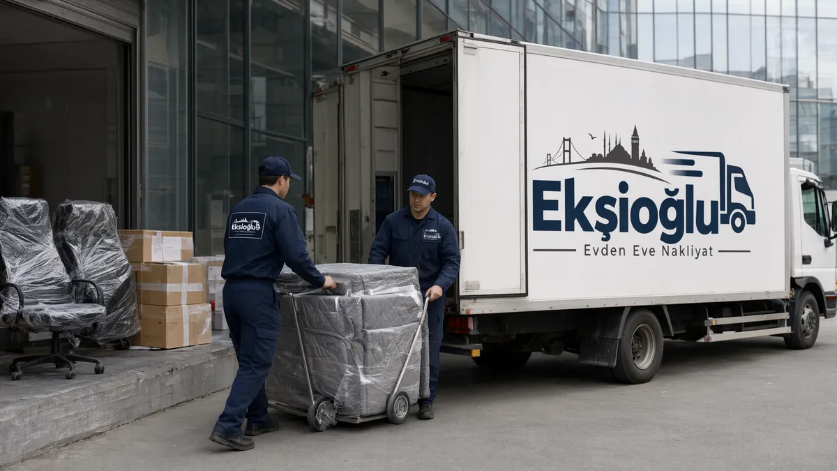 İstanbul ofis taşımada taşıyıcılar sarılı büro mobilyasını plazanın yükleme alanından kamyona götürüyor, sandalyeler sırada