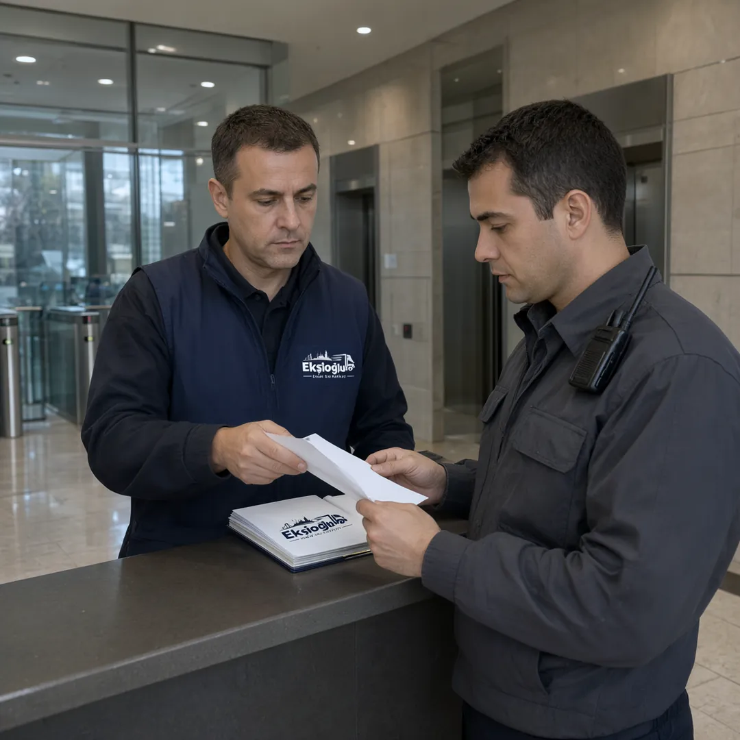 Ekip lideri plazanın güvenlik masasında taşıma ekibinin listesini görevliye teslim ediyor