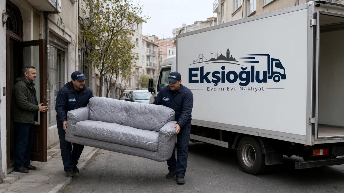 Parça eşya taşımada iki taşıyıcı battaniyeye sarılı tek koltuğu apartman önündeki kamyona taşıyor