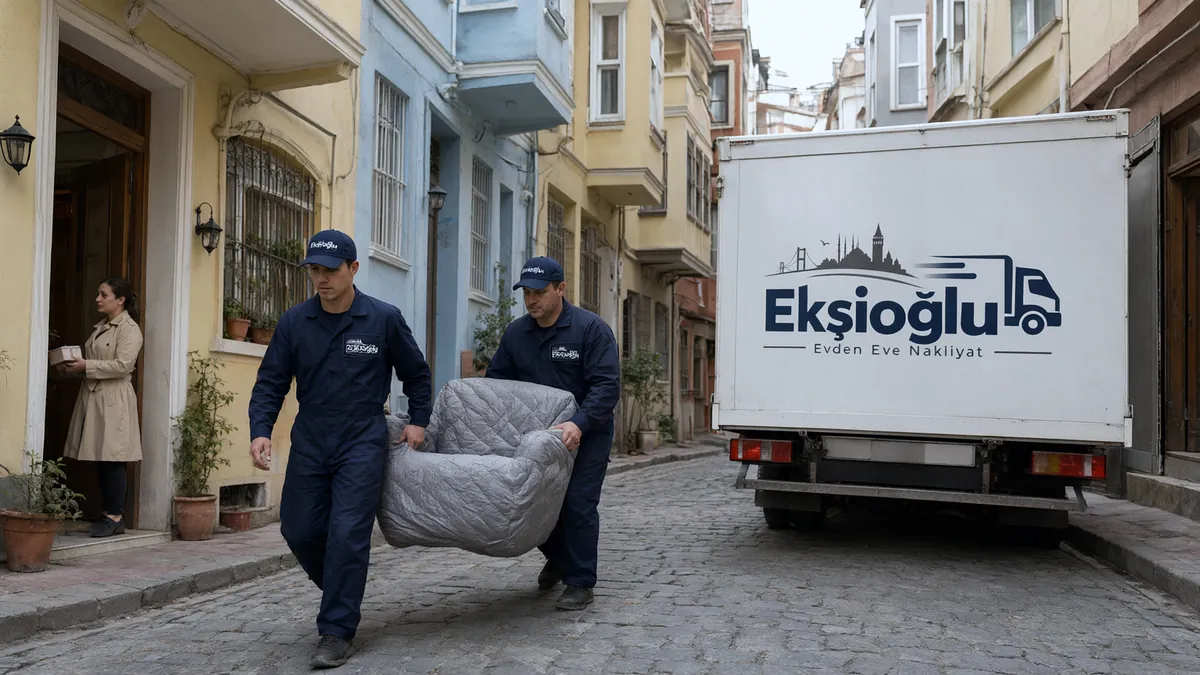 Şehir içi nakliyatta iki taşıyıcı sarılı koltuğu yokuşlu dar sokaktan aşağıdaki kamyona taşıyor