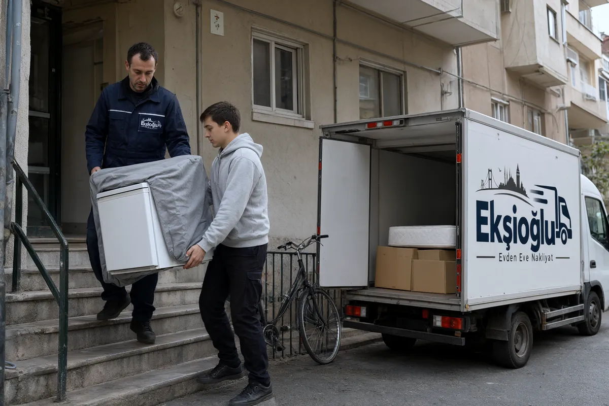 Öğrenci evinden çıkan küçük buzdolabını taşıyıcı ile genç birlikte merdivenden kamyona indiriyor
