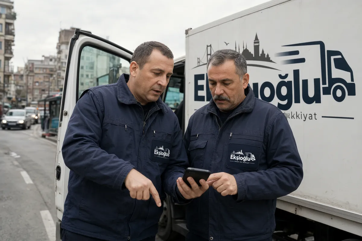 Yola çıkmadan önce ekip lideri ve şoför kamyonun yanında telefondan güzergâha bakıyor