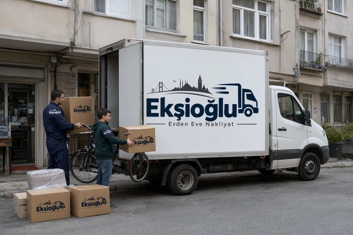 Az eşyalı taşımada taşıyıcı birkaç koli, bisiklet ve tekli koltuğu öğrenciyle birlikte kamyona yüklüyor