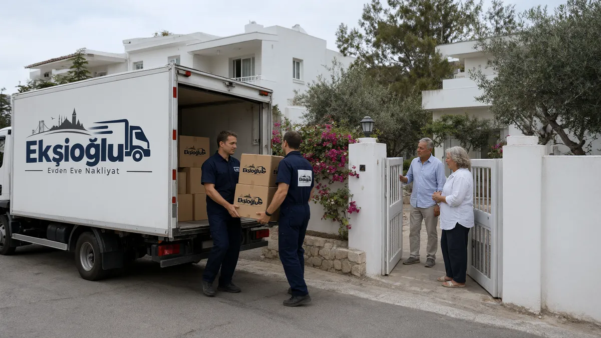Varış adresinde iki taşıyıcı kolileri beyaz badanalı yazlık eve taşıyor, ev sahipleri kapıda bekliyor