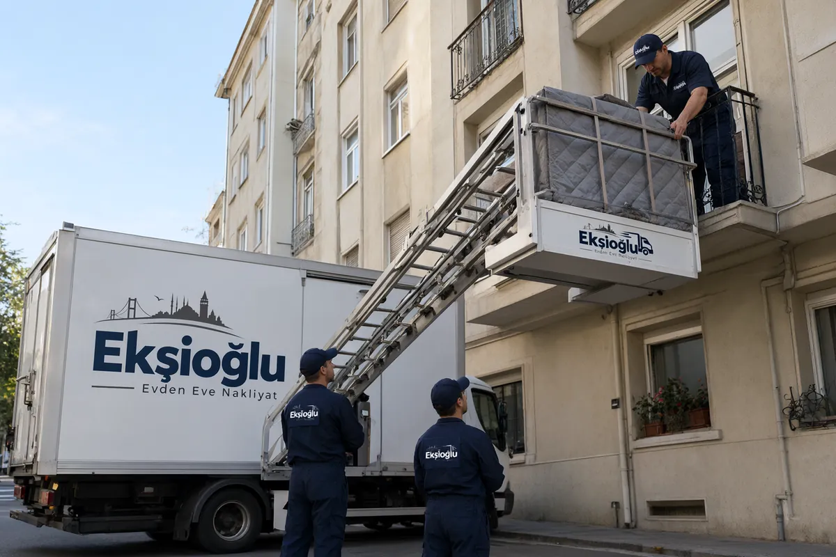 Ekşioğlu mobil dış cephe asansörü battaniyeye sarılı şifonyeri apartmanın dördüncü kat balkonuna taşıyor
