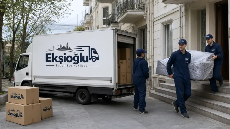 Evden eve nakliyat günü Ekşioğlu ekibi apartmandan streçlenmiş koltuğu logolu kapalı kasa kamyona taşıyor