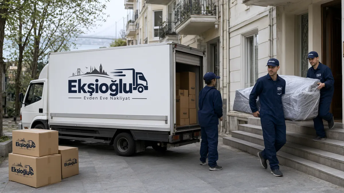 Evden eve nakliyat günü Ekşioğlu ekibi apartmandan streçlenmiş koltuğu logolu kapalı kasa kamyona taşıyor