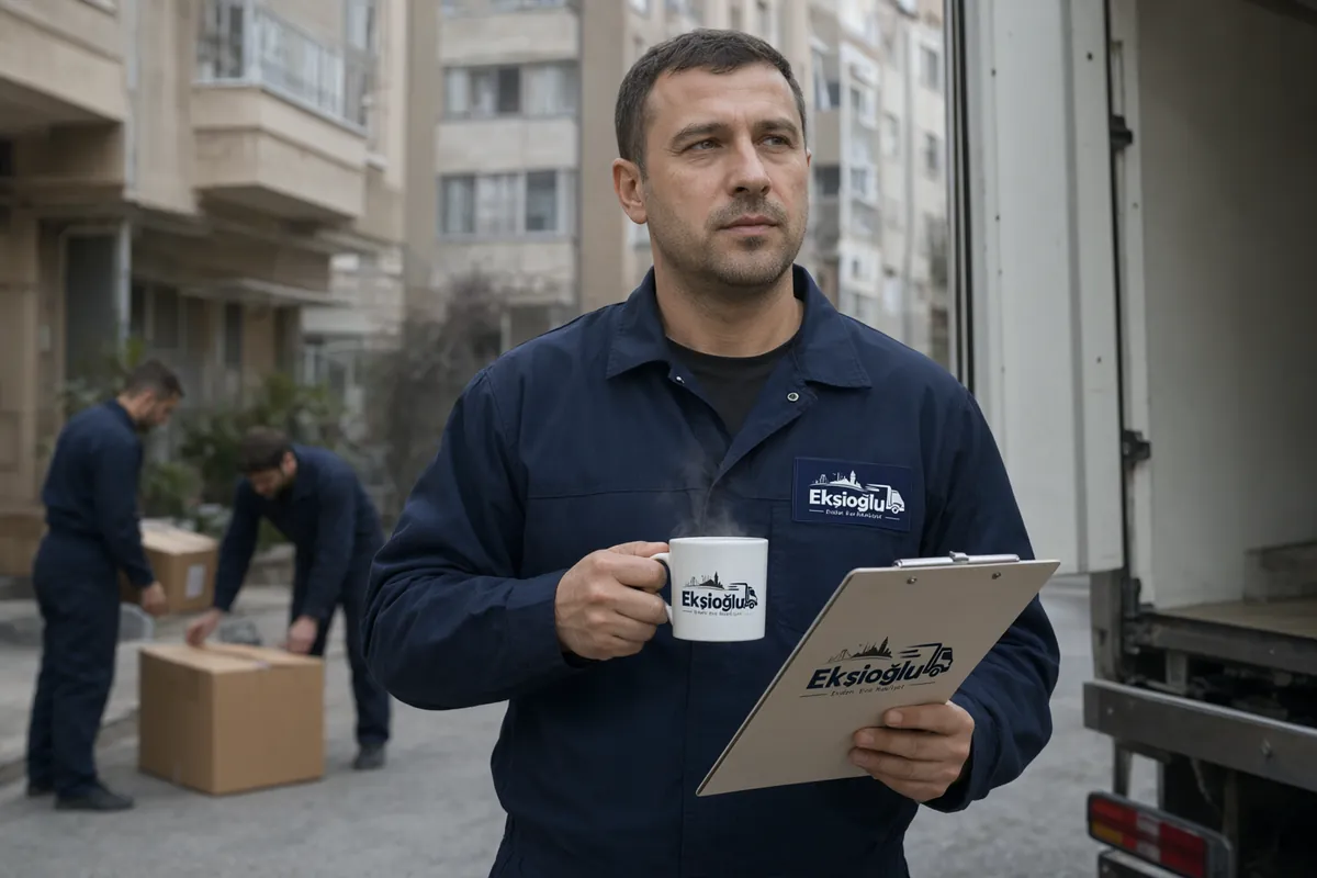 Ekşioğlu ekip lideri sabah erken saatte apartman önünde taşıma planını kontrol ederken çayını içiyor