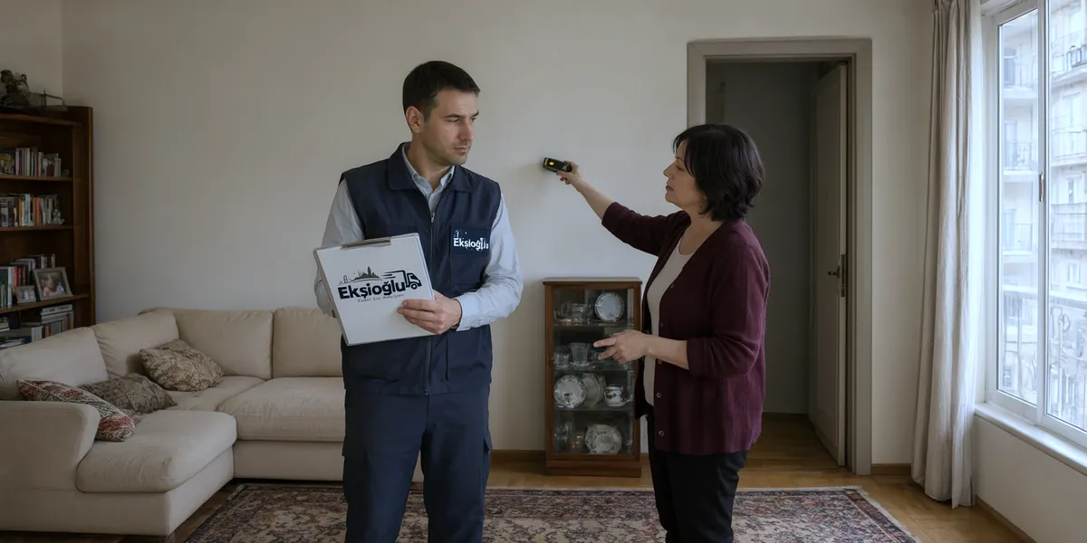 Ekşioğlu ekspertiz sorumlusu ve ev sahibi taşınma öncesi salonda lazer metreyle duvarı ölçüyor