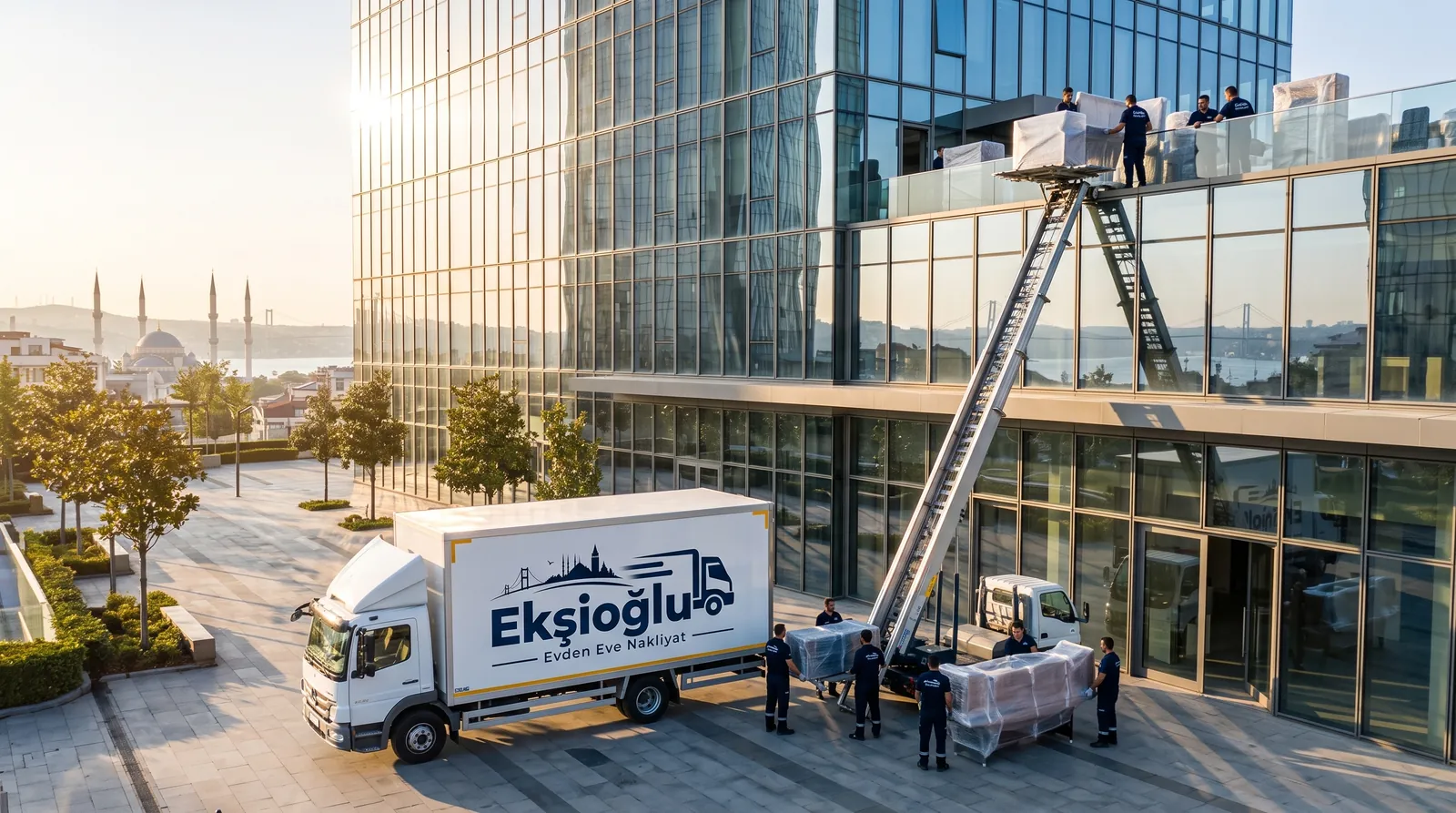Plaza önünde Ekşioğlu kamyonu ve dış cepheye kurulan mobil asansörle ofis eşyalarının indirilmesi